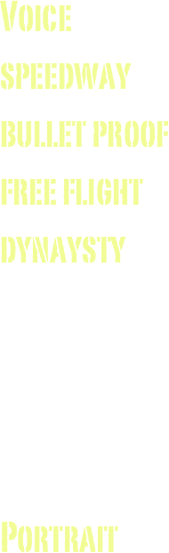 Voice
speedway
bullet proof
free flight
dynaysty




Portrait
